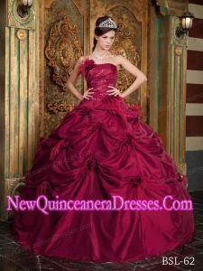 Ball Gown Fashionable Strapless Floor-length Taffeta Hand Made Flowers Quinceanera Dress in Wine Red