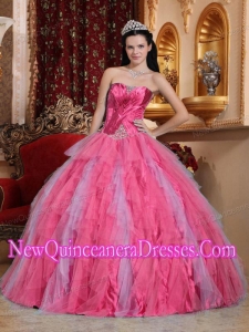 Ball Gown Fashionable Sweetheart Floor-length Tulle Beading Quinceanera Dress in Coral Red