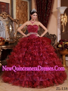 Ball Gown Sweetheart Floor-length Organza Beading Fashionable Quinceanera Dress in Wine Red