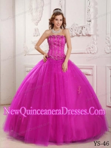 Beading Elegant Strapless Floor-length Tulle Fuchsia Fashionable Quinceanera Dress