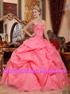 Elegant Ball Gown Strapless Organza Appliques Quinceanera Dress in Watermelon