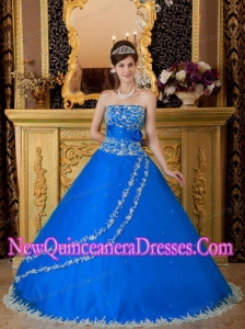 Elegant Blue Ball Gown Strapless Lace Appliques Quinceanera Dress
