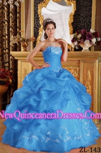 Fashionable Embroideried Aqua Blue Ball Gown Strapless Floor-length Organza Quinceanera Dress