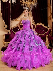 Fashionable Fuchsia Ball Gown Sweetheart Beading Leopard and Organza Quinceanera Dress