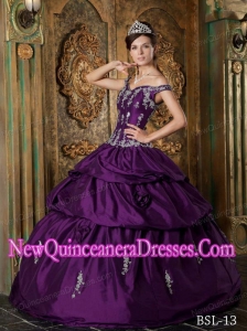 Fashionable Off The Shoulder Floor-length Taffeta Appliques Quinceanera Dress in Eggplant Purple