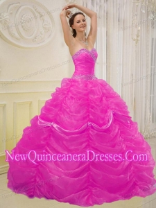 Hot Pink Ball Gown Sweetheart Floor-length Organza Beading Quinceanera Dress