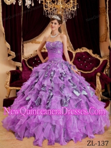 Lavender Ball Gown Sweetheart Floor-length Beading Leopard and Organza Quinceanera Dress