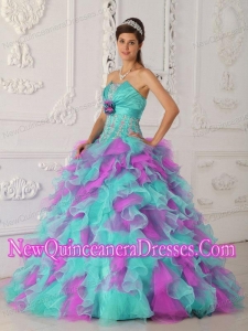 Multi-color Ball Gown With Organza Appliques and Hand Flower New Style Quinceanera Dress