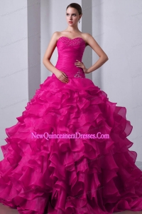 New Style Quinceanera Dress In Fuchsia With Sweetheart Brush Train Organza Beading and Ruffles