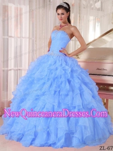 Perfect Blue Ball Gown Strapless Floor-length Organza Beading Quinceanera Dress