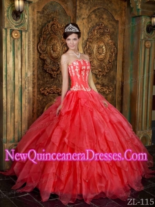 Perfect Gorgeous Ball Gown Strapless Floor-length Appliques Organza Coral Red Quinceanera Dress