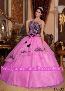 Perfect Hot Pink and Black Strapless Floor-length Embroidery Quinceanera Dress