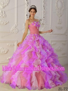 Perfect Multi-Color Ball Gown Strapless Floor-length Organza Hand Flowers and Ruffles Quinceanera Dress