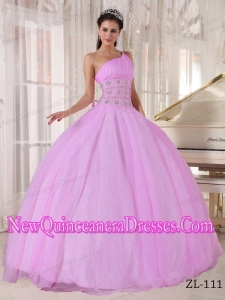 Perfect Pink Ball Gown One Shoulder Floor-length Tulle Beading Quinceanera Dress