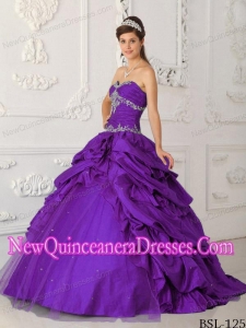 Perfect Purple A-Line / Princess Sweetheart Floor-length Taffeta and Tulle Appliques with Beading Quinceanera Dress