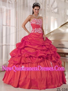 Perfect Red Ball Gown Sweetheart Floor-length Taffeta Appliques and Ruch Quinceanera Dress