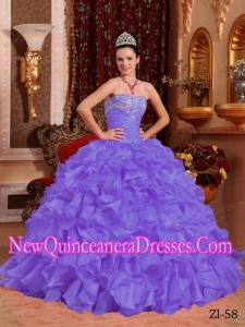 Purple Fashionable Strapless Floor-length Organza Beading and Appliques Quinceanera Dress