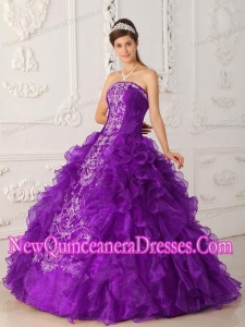 Purple Strapless Satin and Organza Embroidery Luxurious Quinceanera Dresses