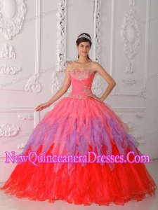 Watermelon Sweetheart With Organza Beading and Ruched New Style Quinceanera Dresses