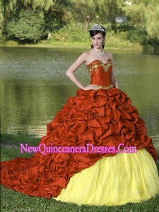 Appliques and Pick-ups With Red Brush Train Style For 2013 New Style Quinceanera Dress
