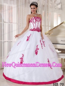 Ball Gown Floor-length Red and White Appliques Popular Quinceanera Gownswith Strapless