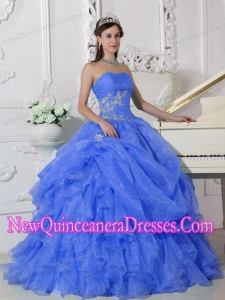 Beading Strapless Organza Luxurious Quinceanera Dresses in Blue