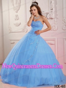 Classical Ball Gown Sweetheart Floor-length Tulle Appliques Baby Blue Quinceanera Dress