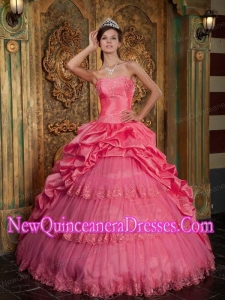 Coral Red Ball Gown Sweetheart Floor-length Taffeta and Tulle Lace Appliques Quinceanera Dress