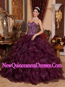 Fashionable Dark Purple Ball Gown Sweetheart Floor-length Organza Sequins Quinceanera Dress