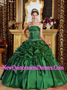 Green Ball Gown Strapless Taffeta Popular Quinceanera Gowns with Pick-ups