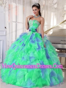 Green and Blue Sweetehart Popular Quinceanera Gowns with Ruffles and Appliques