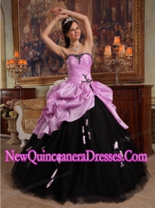 Luxurious Ball Gown Sweetheart Hand Flowers Tulle and Taffeta Quinceanera Dress in Pink and Black