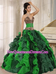 Multi-color Luxurious Quinceanera Dresses V-neck Ruffles With Leopard and Beading
