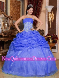 Perfect Blue Ball Gown Strapless Floor-length Organza Appliques Quinceanera Dress