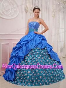 Perfect Blue Ball Gown Strapless Floor-length Taffeta Beading Quinceanera Dress
