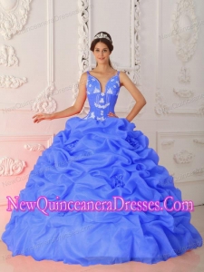 Perfect Blue Ball Gown Straps Floor-length Satin and Organza Appliques Quinceanera Dress