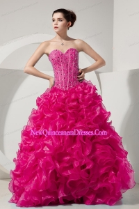 Perfect Hot Pink A-line Princess Sweetheart Floor-length Organza Beading Prom Dress