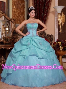 Perfect Light Blue Ball Gown Strapless Floor-length Organza Beading Quinceanera Dress