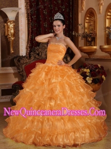 Perfect Orange Ball Gown Strapless Floor-length Organza Beading Quinceanera Dress