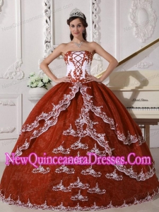 Perfect Rust Red and White Ball Gown Strapless Floor-length Organza Appliques Quinceanera Dress