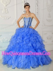 Plus Size Blue Ball Gown Strapless Floor-length Organza with Appliques Quinceanera Dresses