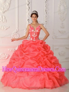 Plus Size Coral Red Ball Gown Straps Floor-length Satin and Organza with Appliques Quinceanera Dresses