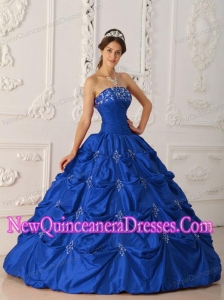 Plus Size Dark Blue Ball Gown Strapless Floor-length Taffeta Appliques and Beading Quinceanera Dresses