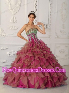 Plus Size Fuchsia Ball Gown Strapless Floor-length Organza Beading and Appliques Quinceanera Dresses