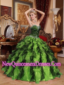 Sweetheart Floor-length Beading and Ruffles Fashionable Quinceanera Dress in Olive Green and Black