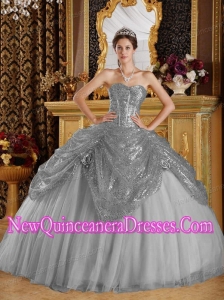A Grey Ball Gown Sweetheart Sequined and Tulle Handle Flowers Simple Quinceanera Dresse