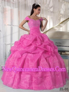 A Rose Pink Ball Gown Off The Shoulder With Beading Simple Quinceanera Dresses