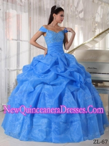 Ball Gown Off The Shoulder Taffeta and Organza Beading Pretty Sweet 15 Dresses in Blue