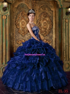 Ball Gown Strapless Dark Blue Floor-length Organza Ruffles Puffy Sweet 16 Gowns