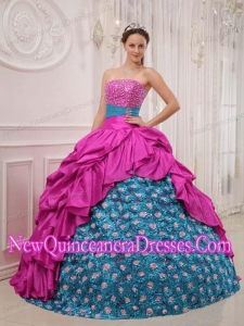 Ball Gown Strapless Hot Pink and Blue Taffeta Beading Puffy Sweet 16 Gowns